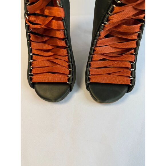 Steve Madden Fuego Booties Women Size 7 Corset Ribbon Olive and Orange Lace up - Picture 4 of 15